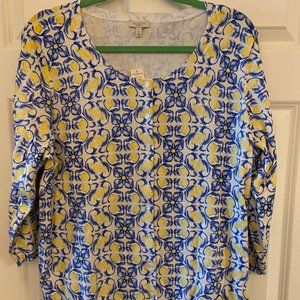 Talbots CARDIGAN sweater, blues, yellow, white, New, SZ 1X, LEMON PATTERN